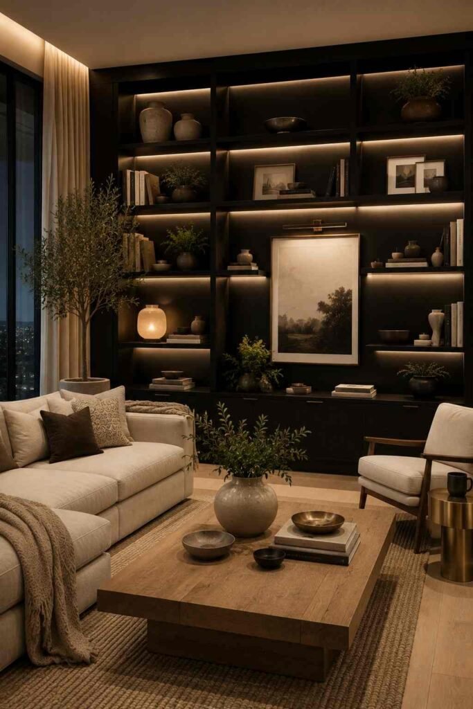  Modern living room with dramatic black built-in shelves and warm neutral furnishings.
