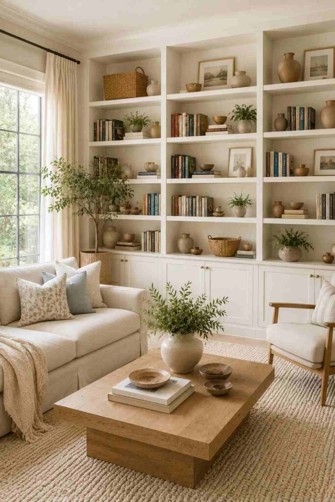 White built-in shelves in a bright living room styled with books, artwork, plants, and baskets.