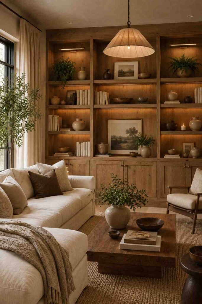 Warm wood built-in shelves paired with a cream sofa and natural living room decor.