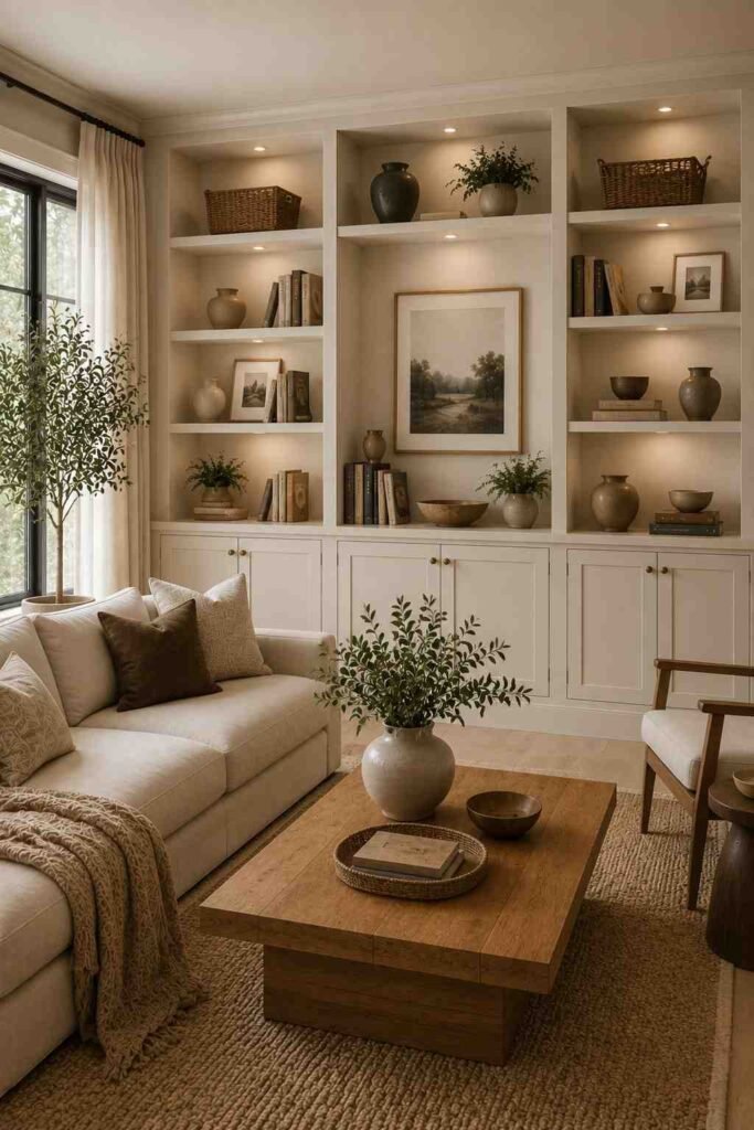 Built-in living room shelves combining open display storage with closed cabinets.
