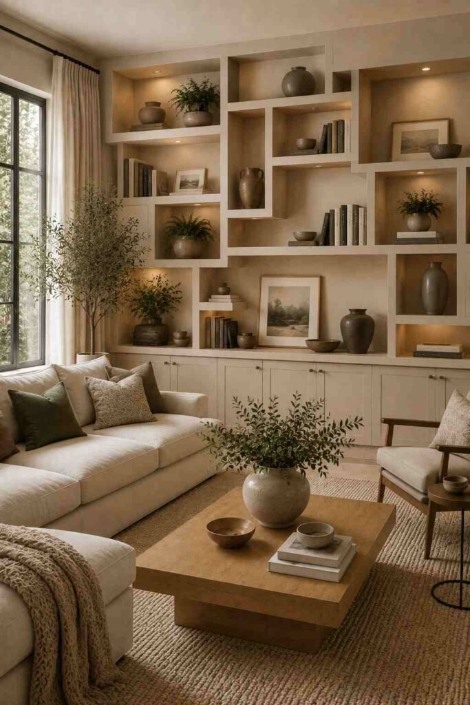  Asymmetrical built-in shelving styled with books, artwork, ceramics, and greenery in a modern living room.
