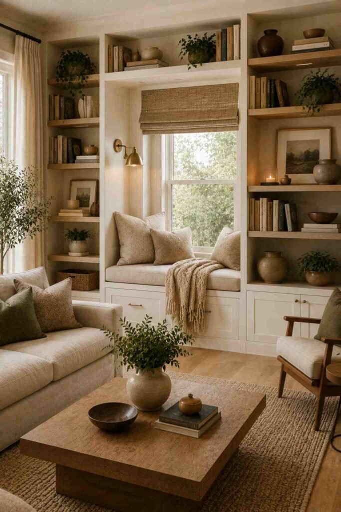  Cozy reading nook surrounded by built-in shelves filled with books and warm decorative accents.
