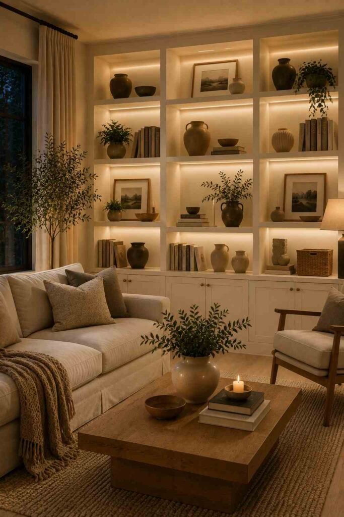 Built-in living room shelves illuminated with warm accent lighting and styled decorative objects.

