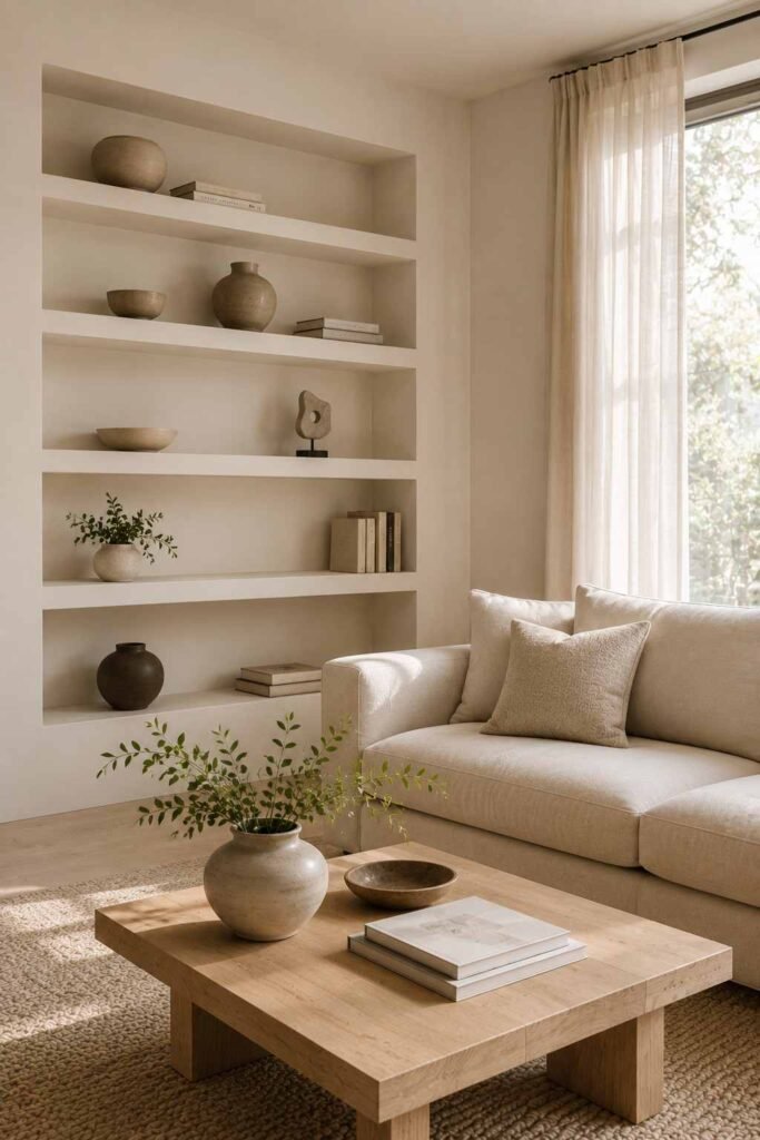  Minimalist built-in shelves with simple decor in a calm neutral living room.
