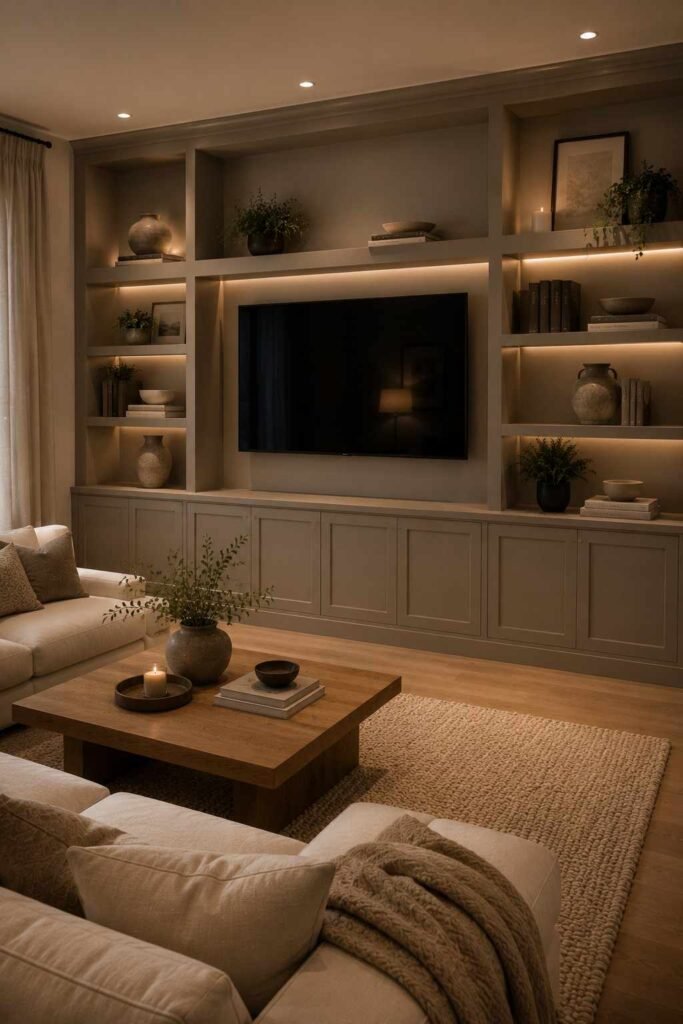  Living room TV surrounded by built-in shelves and closed storage cabinets with neutral decor.
