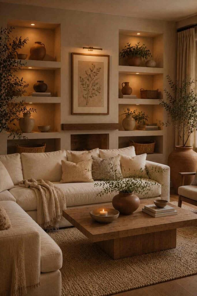  Cozy built-in shelves styled with terracotta pottery, greenery, woven baskets, and earthy decor.
