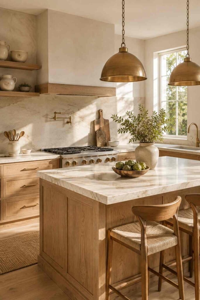 White oak kitchen cabinets paired with creamy stone countertops and warm brass pendant lights.
