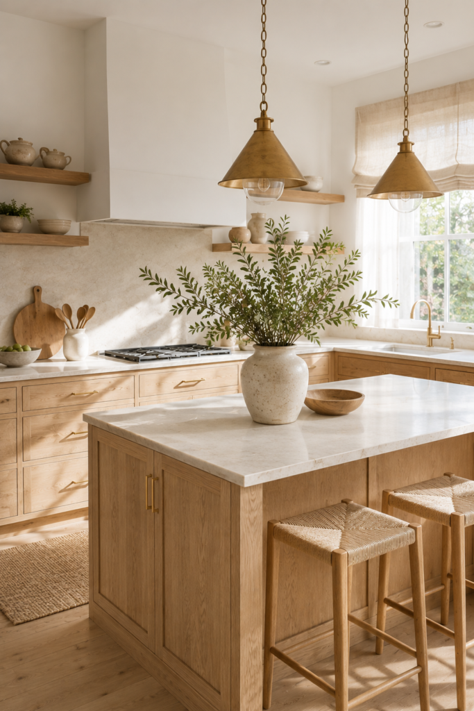 Bright white oak cabinets kitchen with soft white walls, light countertops, and natural sunlight.
