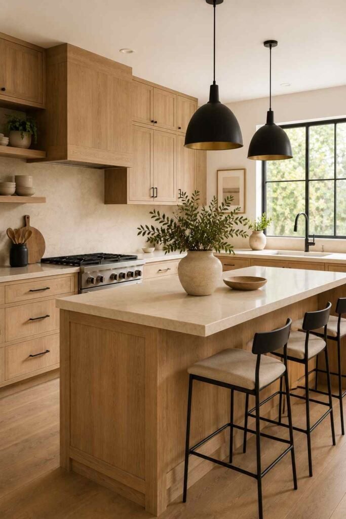 Modern white oak kitchen cabinets with matte black hardware and black pendant lighting.
