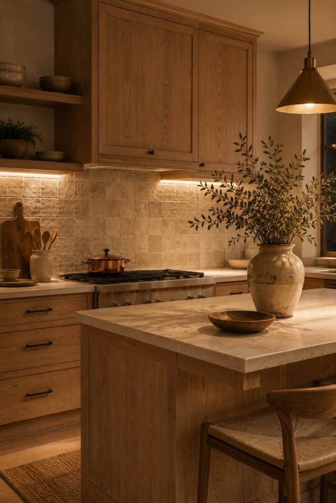 White oak cabinets paired with a textured beige tile backsplash and warm under cabinet lighting.
