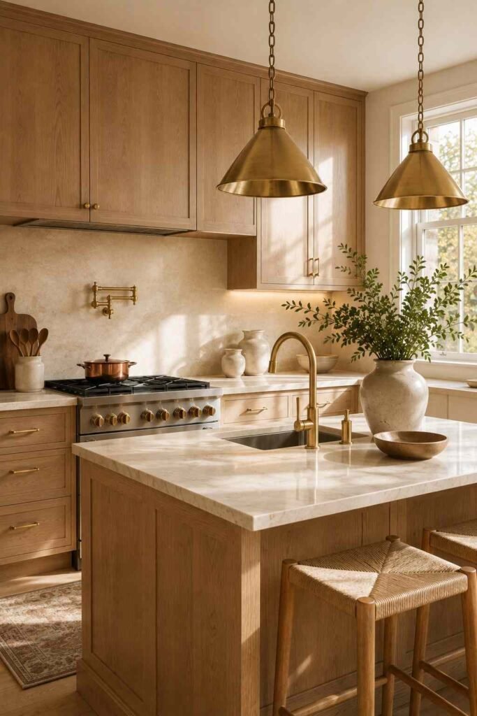 White oak kitchen cabinets with brushed brass hardware, brass faucet, and creamy stone surfaces.
