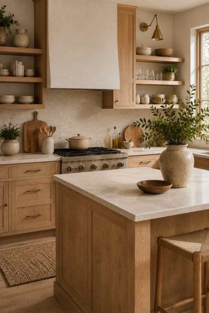 White oak kitchen with open shelving, neutral ceramics, glassware, and warm natural textures.
