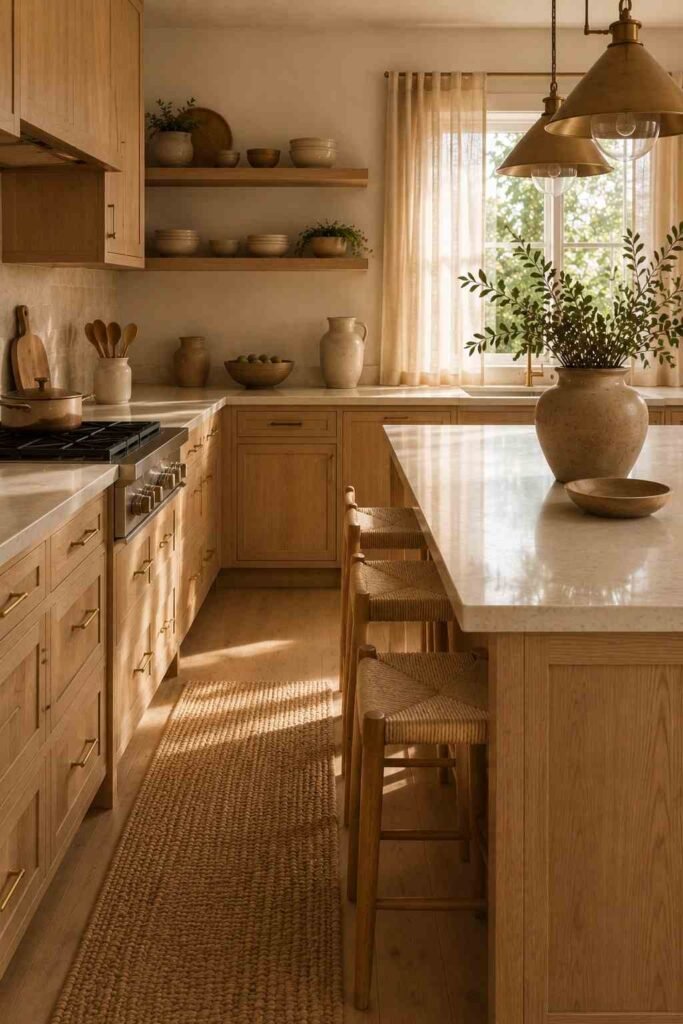 Cozy white oak kitchen with woven stools, linen curtains, pottery, and layered natural textures.
