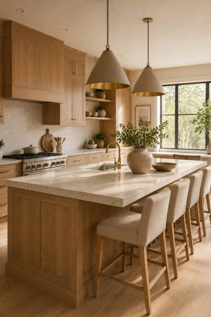 White oak kitchen with a large statement island, creamy stone countertop, and oversized pendant lights.