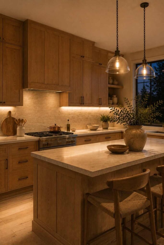 White oak kitchen cabinets illuminated by soft warm under cabinet lighting in a cozy evening setting.
