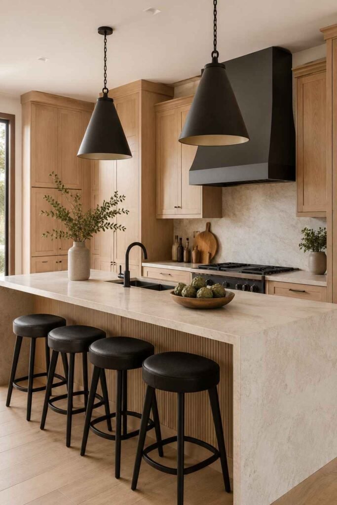 White oak kitchen cabinets styled with dark charcoal accents, black lighting, and warm stone countertops.
