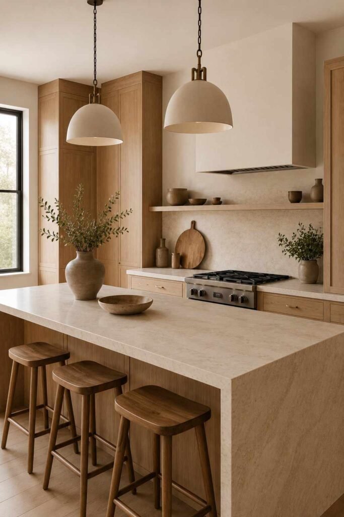 Simple and timeless white oak kitchen with natural stone, neutral colors, and clean modern styling.
