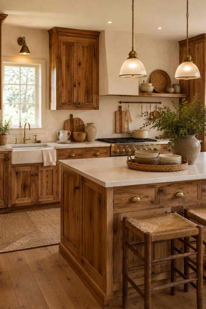Natural hickory kitchen cabinets paired with warm cream walls in a farmhouse kitchen.