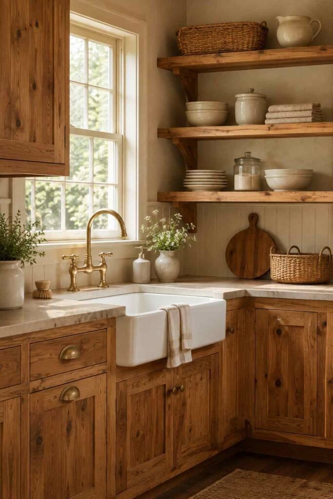 Hickory cabinets with a white farmhouse sink and brass faucet.