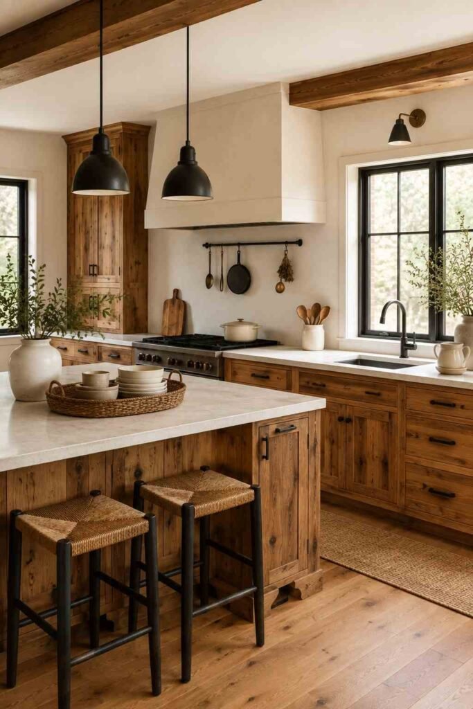 Hickory kitchen cabinets with black hardware in a modern farmhouse kitchen.