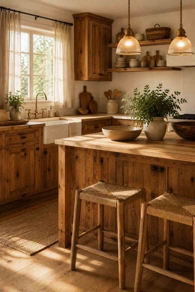 Warm hickory cabinets and butcher block countertops in a rustic farmhouse kitchen.