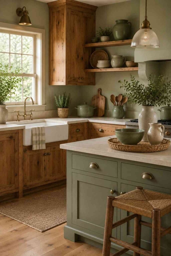 Hickory kitchen cabinets with sage green accents and farmhouse decor.