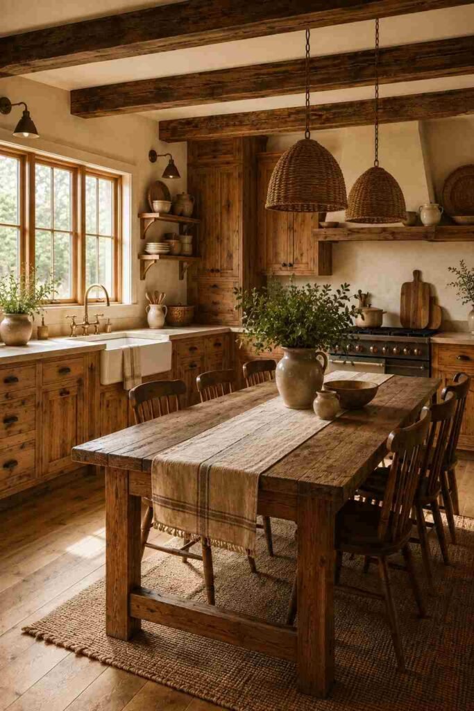 Rustic hickory cabinets with exposed wood beams in a farmhouse kitchen.