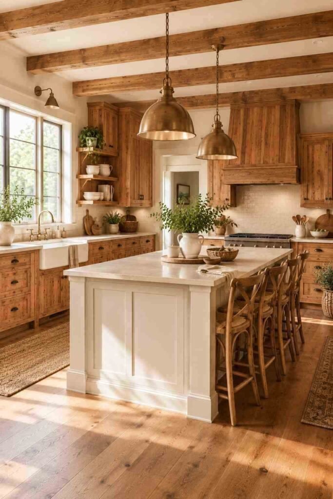 Cozy farmhouse kitchen with hickory cabinets and a large painted island.