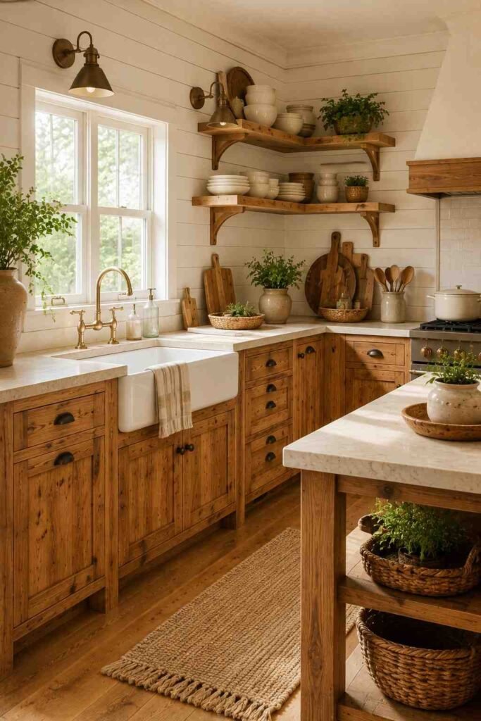 Hickory cabinets against white shiplap walls in a classic farmhouse kitchen.