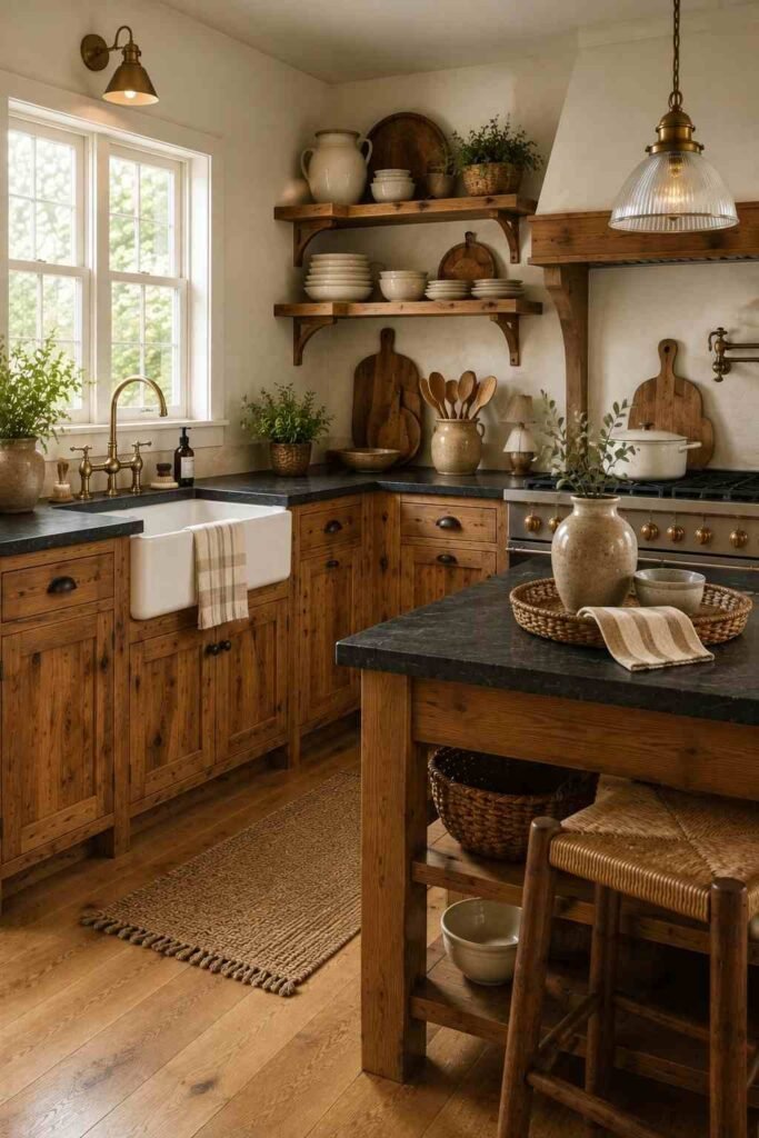 Hickory cabinets with dark soapstone countertops in an elegant farmhouse kitchen.