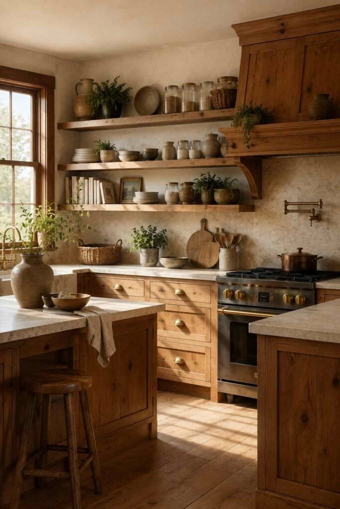 Hickory kitchen cabinets with open farmhouse shelving and ceramic decor.