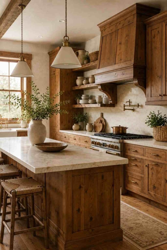 Hickory cabinets with creamy stone countertops and warm farmhouse finishes.