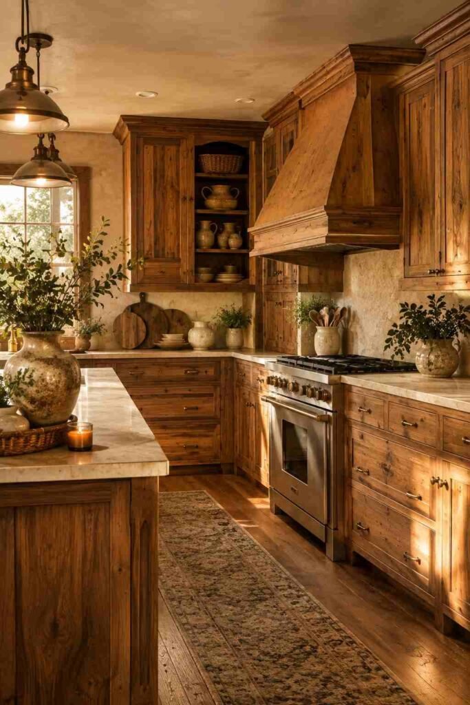 Cozy hickory kitchen cabinets farmhouse design with vintage brass and ceramic details.