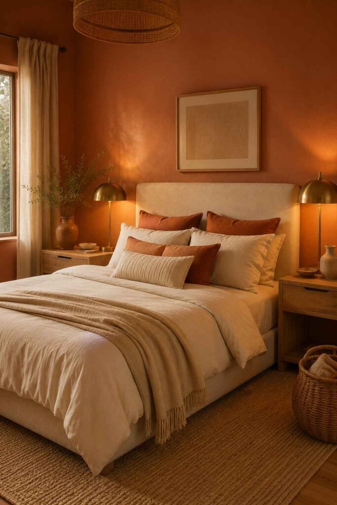 Soft terracotta orange bedroom with cream bedding and light oak furniture.