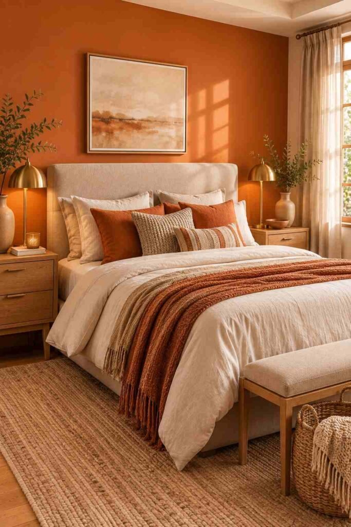 Burnt orange curtains against cream walls with elegant neutral bedroom decor and brass accents.