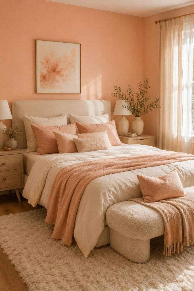 Burnt orange and deep green bedroom with warm wood and brass accents.
