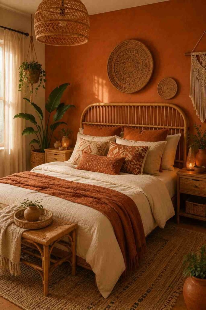 Boho orange bedroom with terracotta textiles, rattan furniture, and plants.