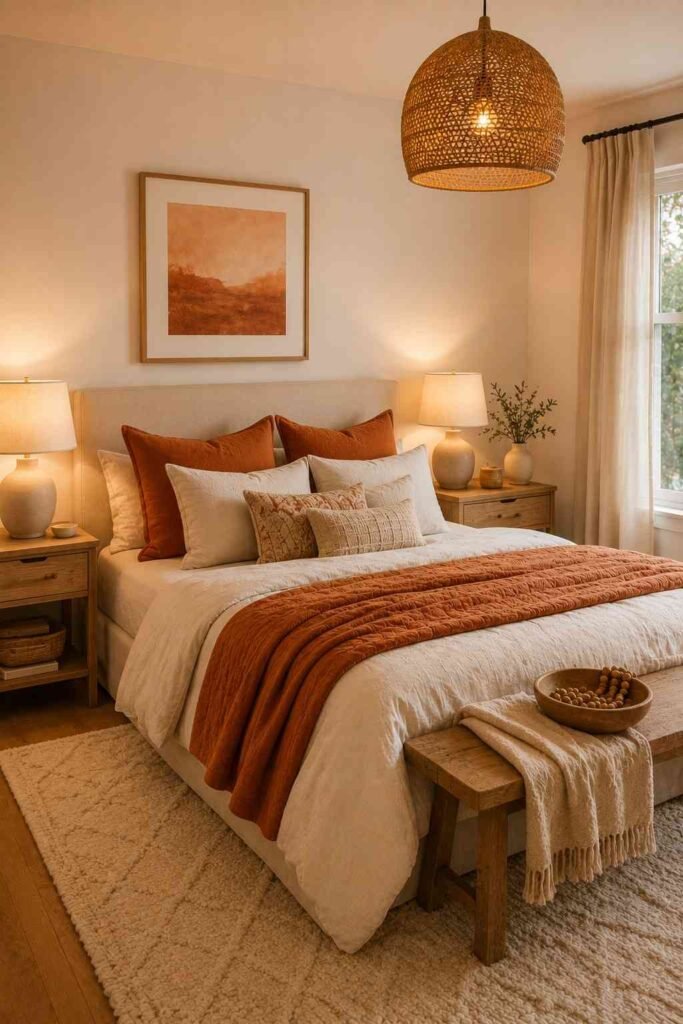 Orange bedroom with warm white walls, burnt orange bedding, and wood accents.