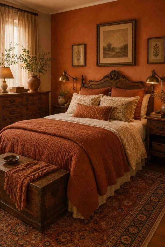 Vintage orange bedroom with terracotta bedding, antique furniture, and brass lighting.