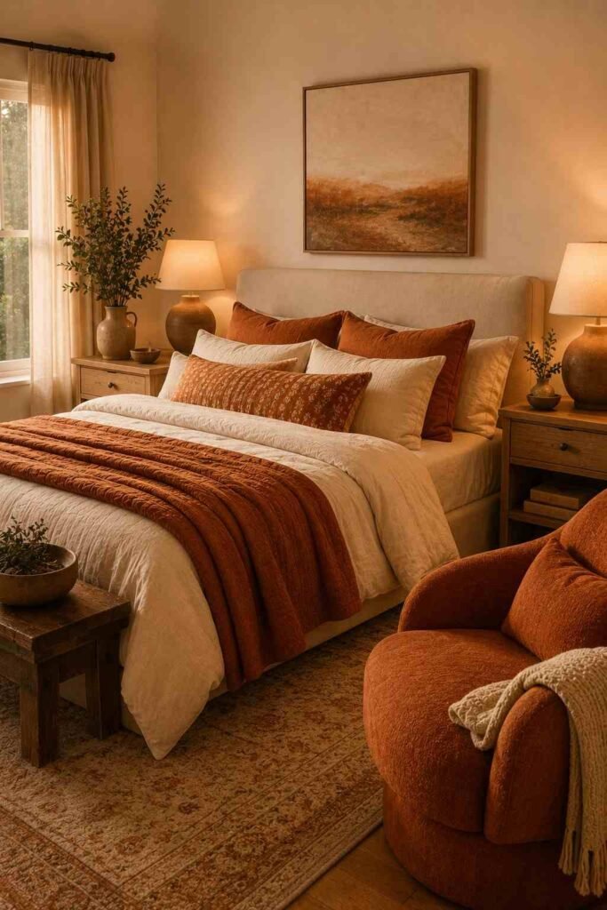 Burnt orange and cream bedroom with cozy bedding and natural wood accents