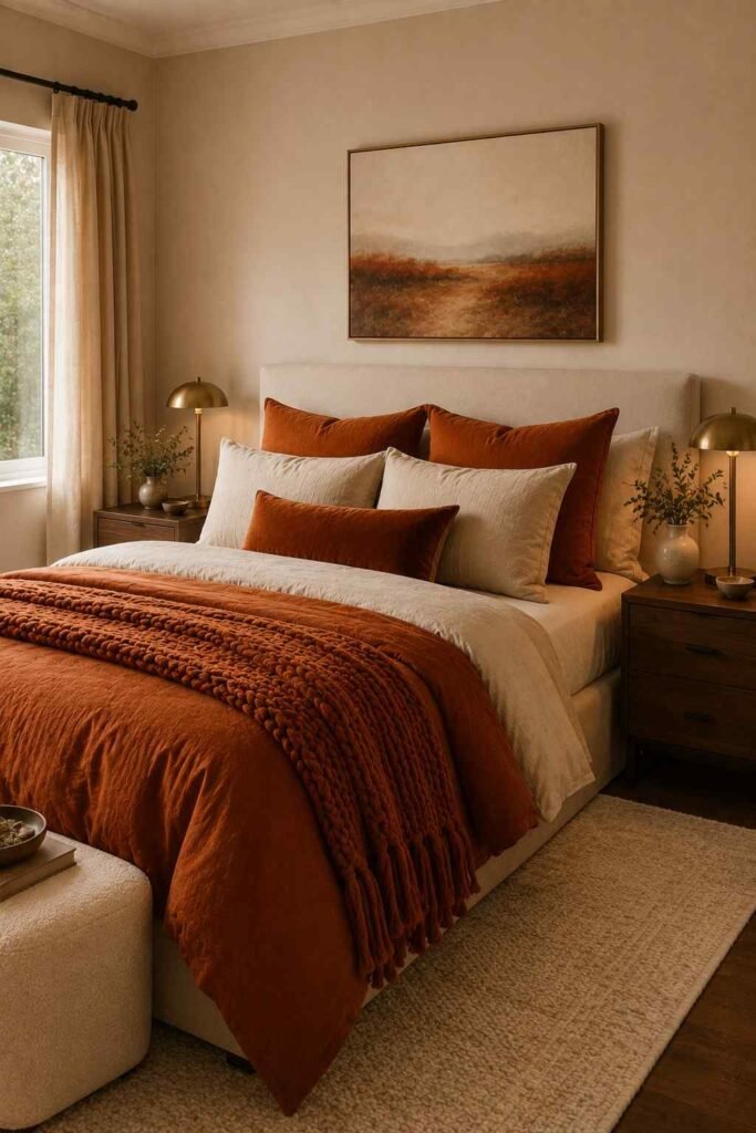 Burnt orange bedding styled against neutral walls in a cozy bedroom.