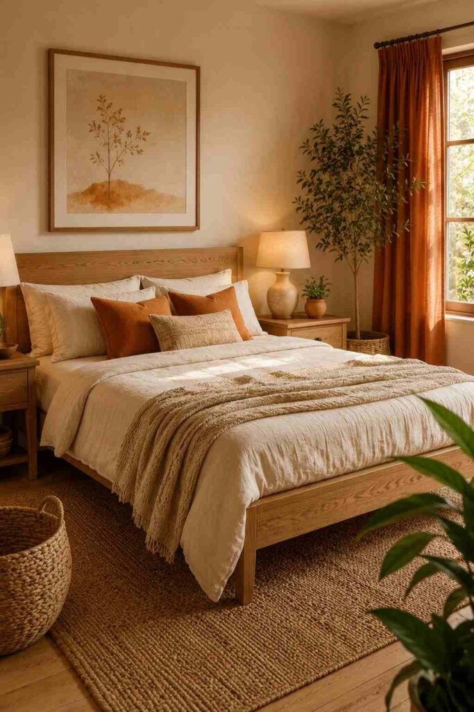 Soft terracotta orange curtains with neutral bedding and natural wood furniture in a cozy bedroom.