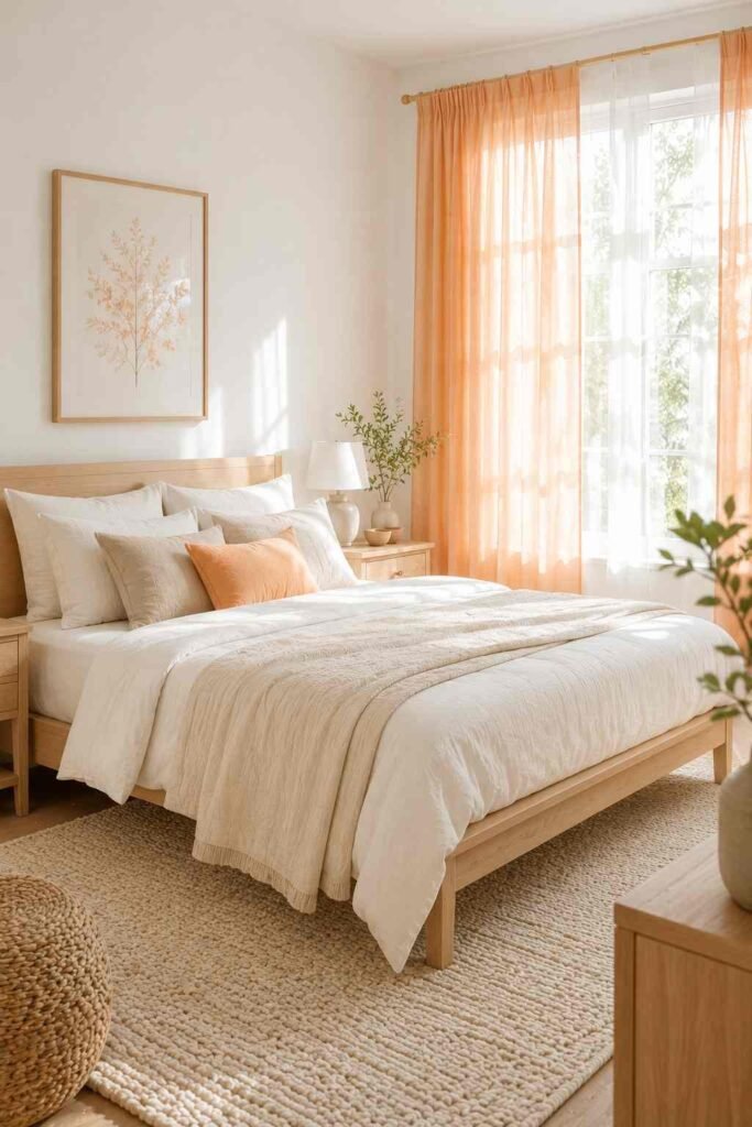 Burnt orange curtains against cream walls with elegant neutral bedroom decor and brass accents.