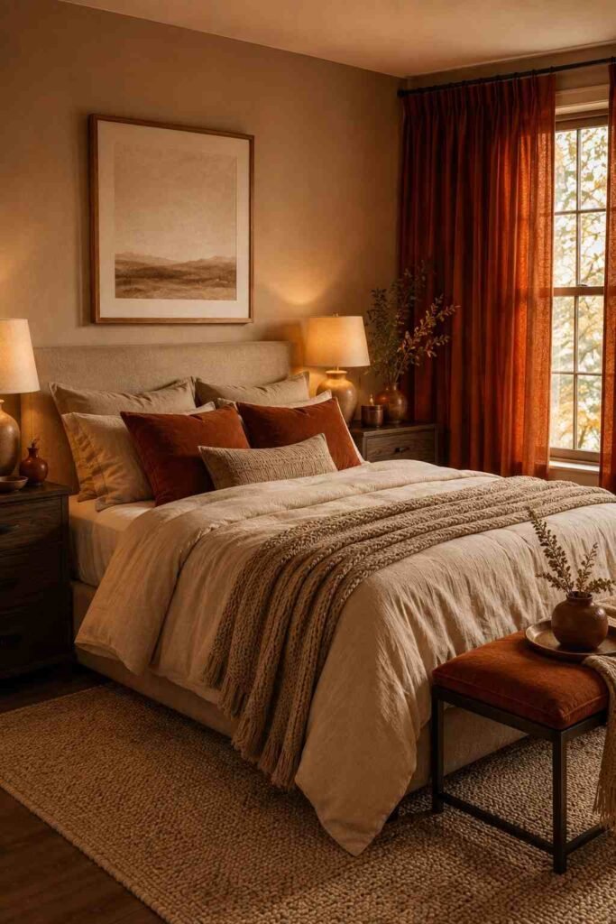 Orange curtains paired with natural wood furniture, cream bedding, plants, and earthy bedroom textures.
