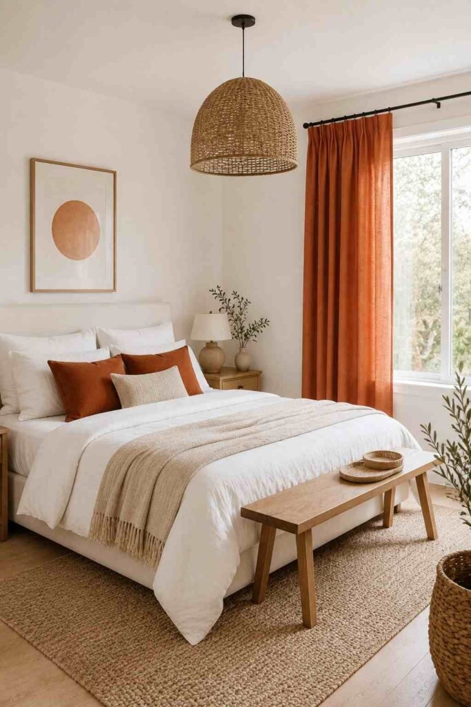 Light and airy bedroom with peach orange curtains, white bedding, and pale natural wood decor.