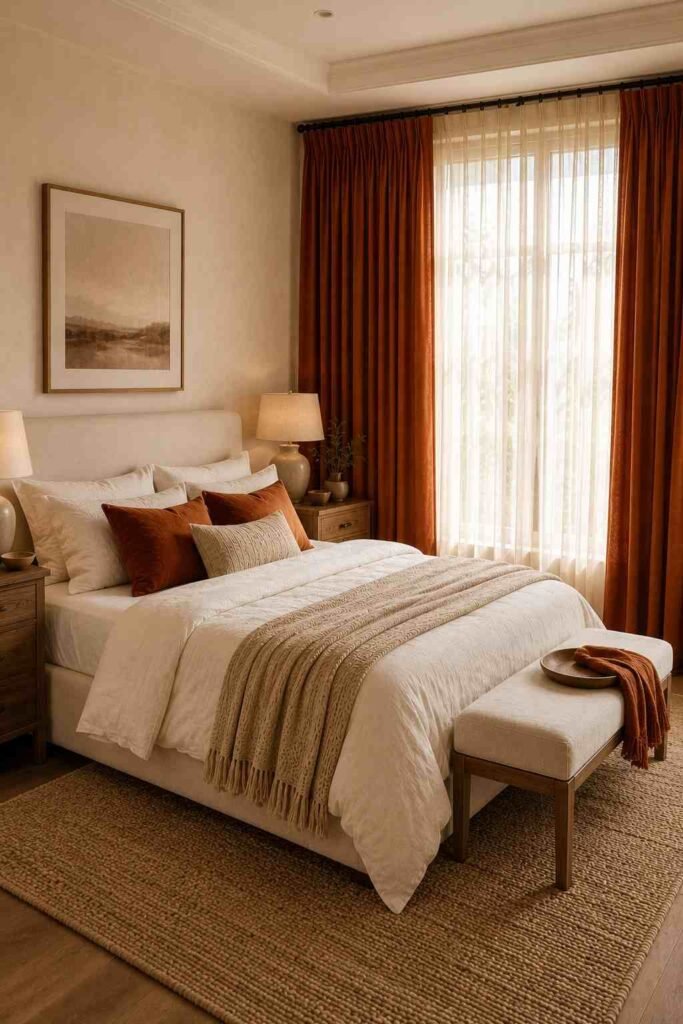 Rust orange curtains with beige bedding, dark wood furniture, and warm layered bedroom textures.