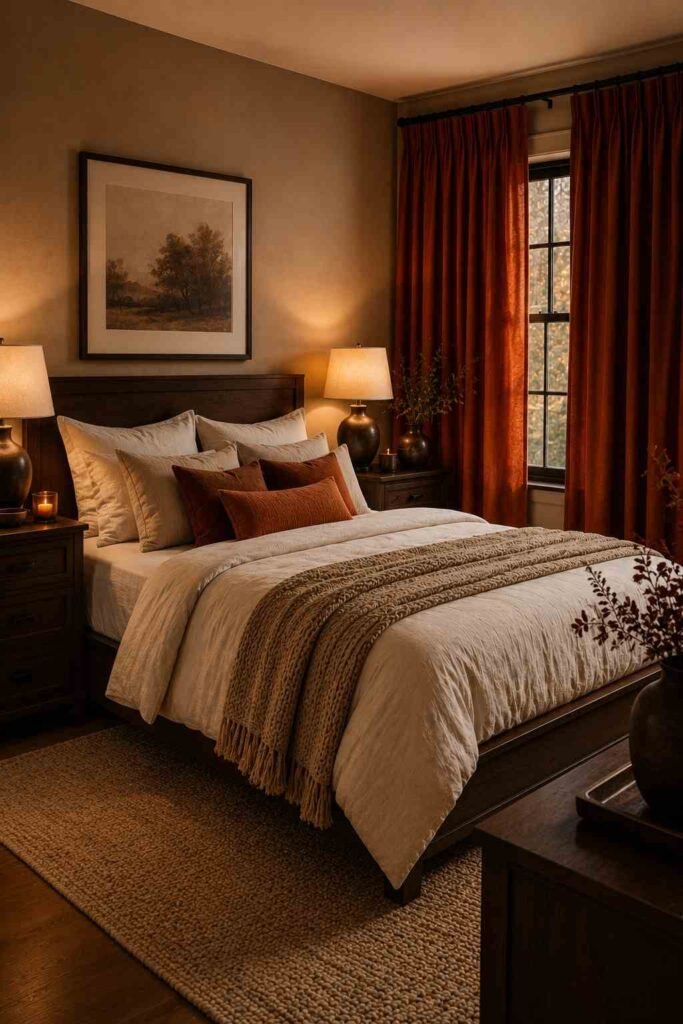 Modern white bedroom decorated with muted orange curtains, light wood furniture, and neutral textures.