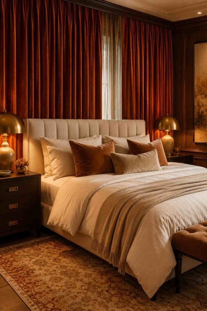 Layered orange and sheer cream curtains creating a soft, cozy bedroom window treatment.