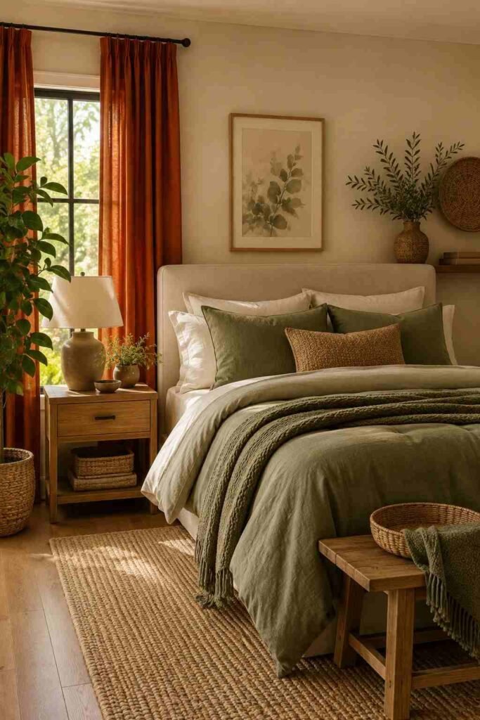 Deep orange curtains with warm beige walls, cream bedding, dark wood furniture, and bronze lighting.
