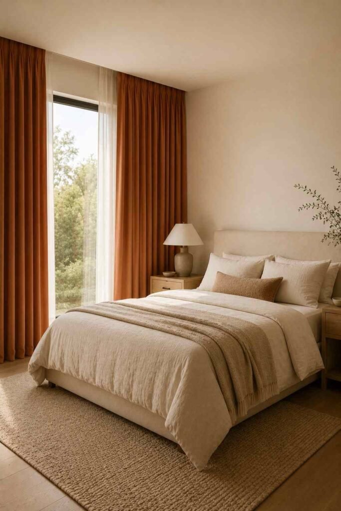 Minimalist bedroom with floor-length orange curtains, cream bedding, light wood furniture, and clean decor.